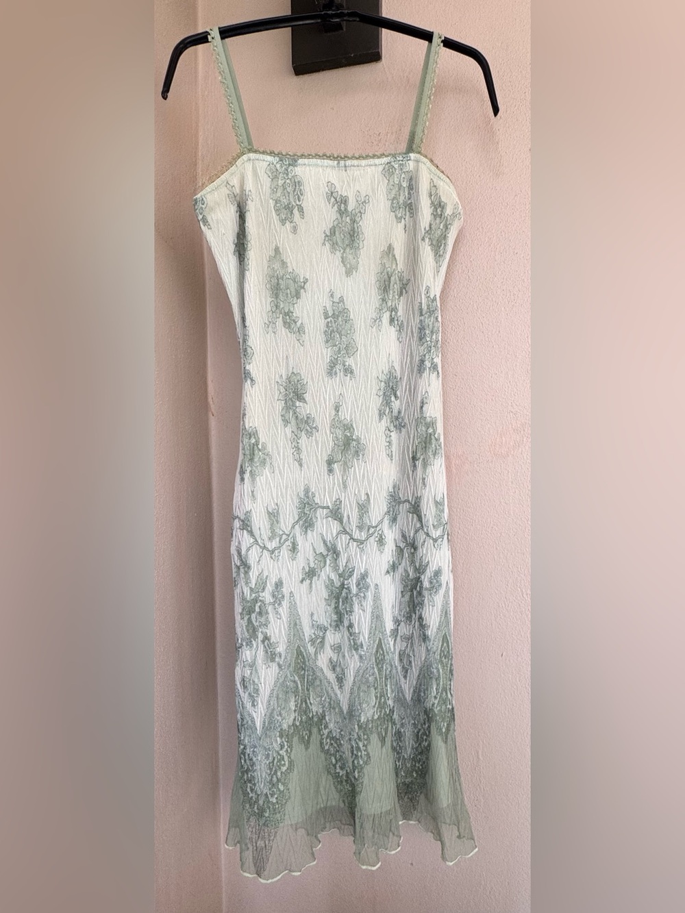 Vintage Eye Candy Sage Green Slip Dress/White* Floral Lace Overlay Y2K Small